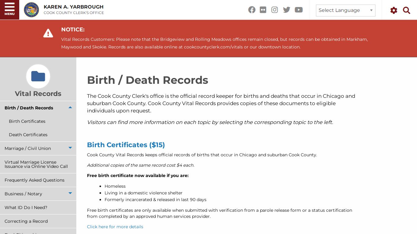 Birth / Death Records | Cook County Clerk